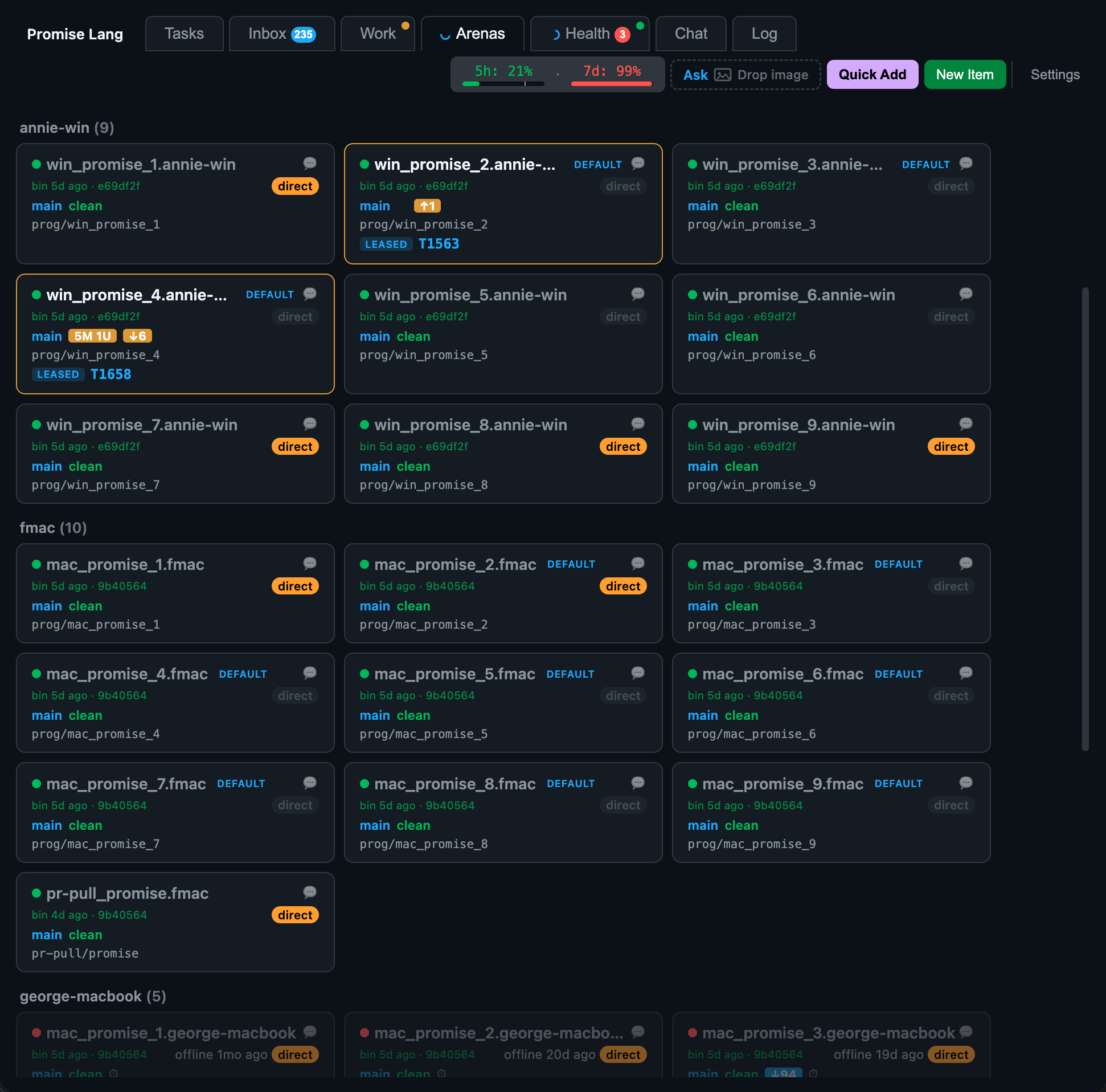 The arena dashboard: rows of arenas across annie-win, fmac and george-macbook, almost all showing "clean", two marked LEASED.