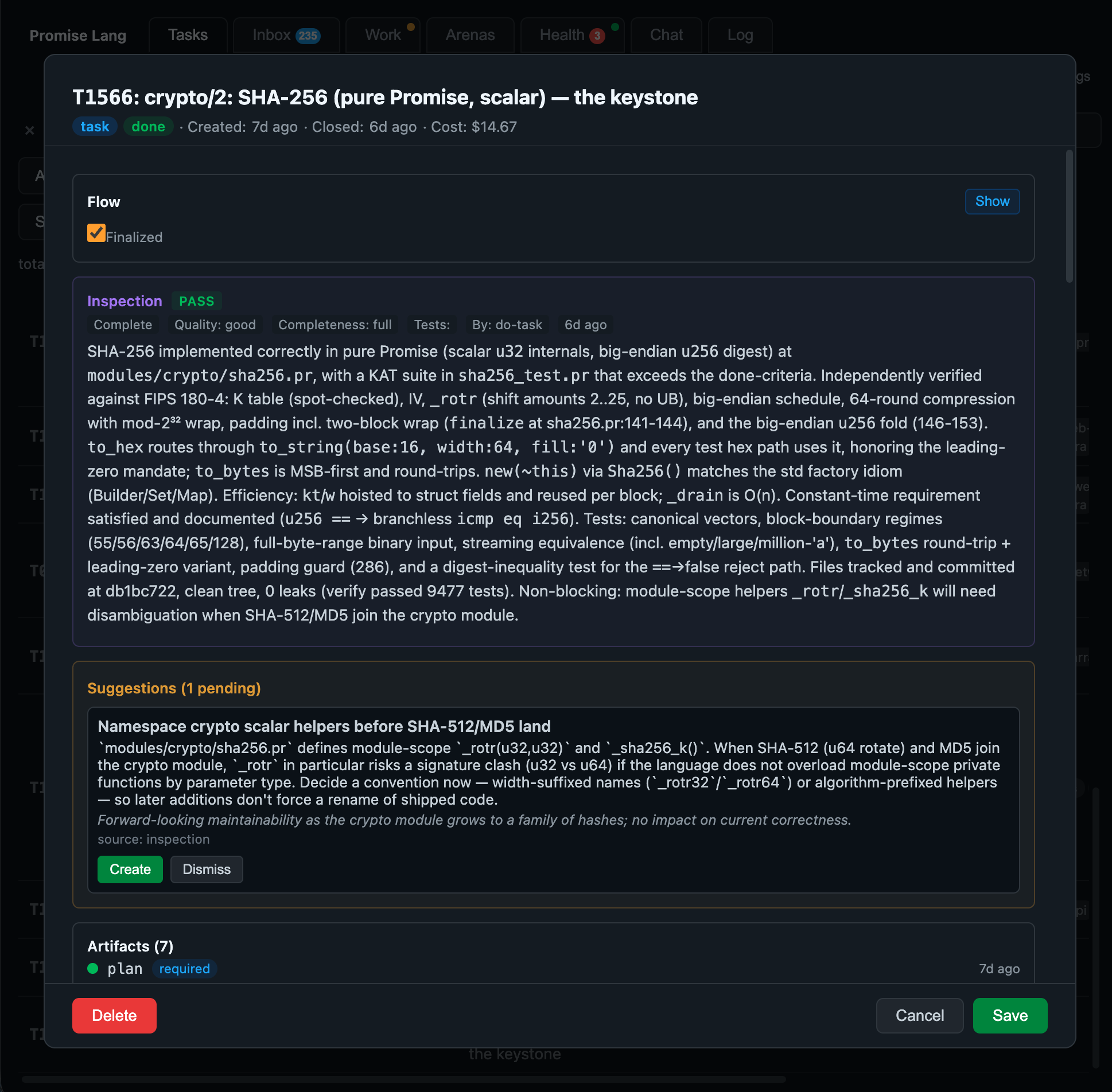 A task in the tracker: T1566, SHA-256 in pure Promise. Status done, cost $14.67, with the inspection verdict and seven artifacts listed.