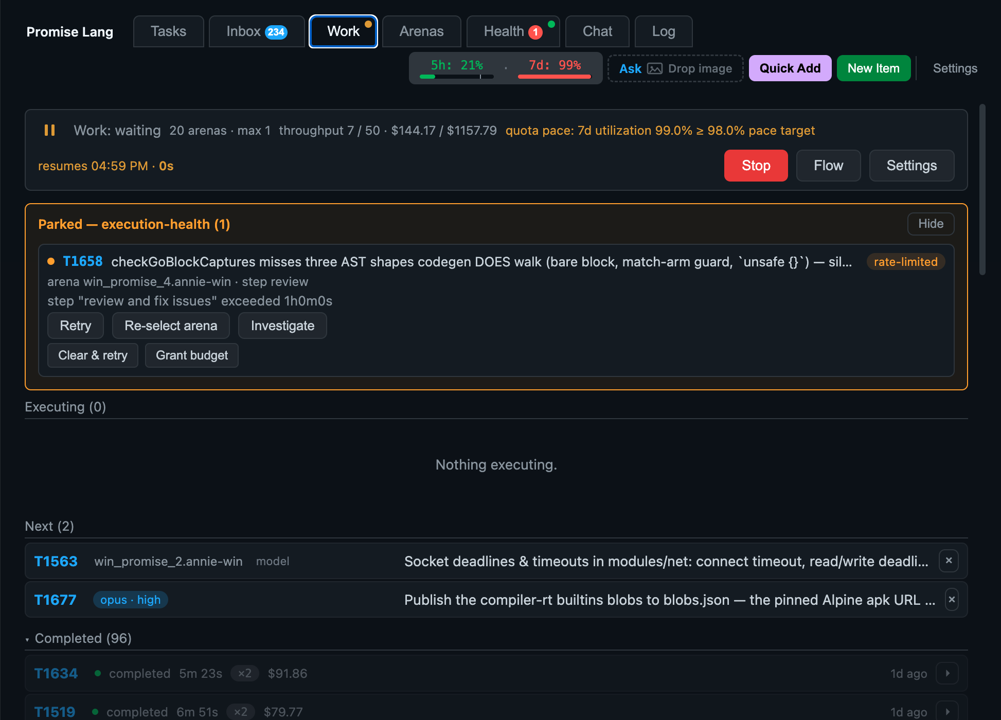The orchestrator's work view. Header reads: Work: waiting, 20 arenas, max 1, throughput 7 / 50, quota pace 7d utilization 99.0% at a 98.0% pace target. Executing (0) — nothing executing. One task parked and tagged rate-limited.