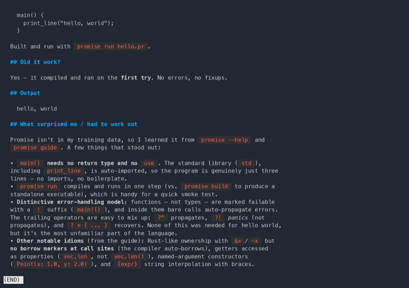A terminal recording of an AI agent building “hello, world” in Promise
